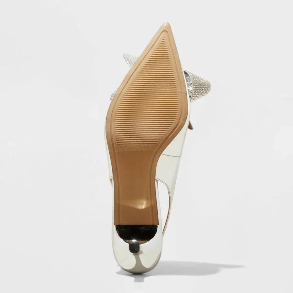 Open Box - A New Day -  Women's Rhinestone Bow Slingback Kitten  Silver